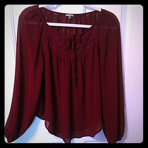 Sheer burgundy/maroon women's long-sleeve blouse
